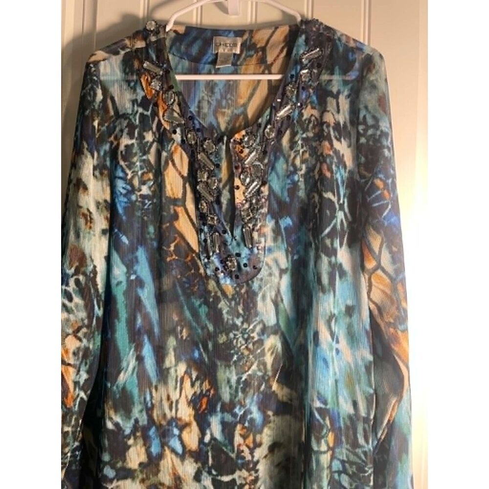 Chico's Ladies Size 2 Sheer, Jewel Tones, Long Bell Sleeves, Embellished top